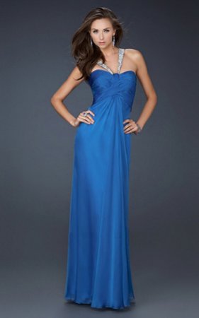 Sapphire Blue Cutout Back Empire Waist Long Sparkly Prom Dress